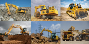 collage of construction trucks